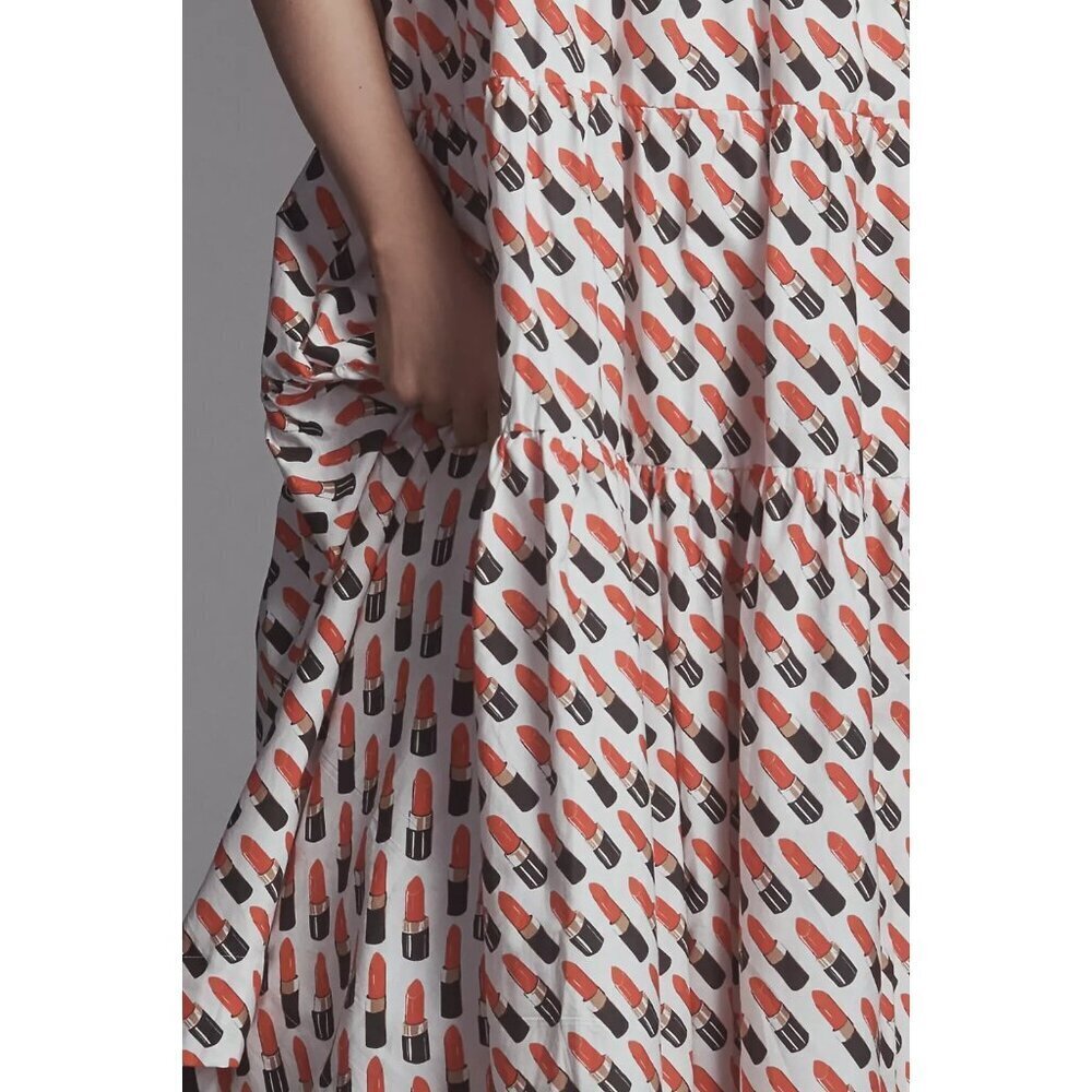 By Anthropologie Square-Neck Tiered Babydoll Dress Lipstick Print XL - Picture 4 of 4